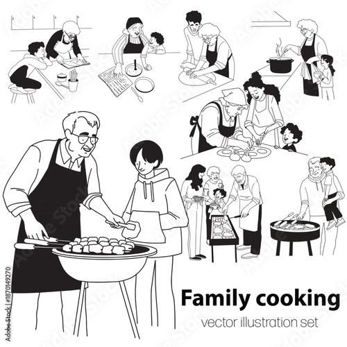 Family cooking together line vector minimalistic art. Vector illustration