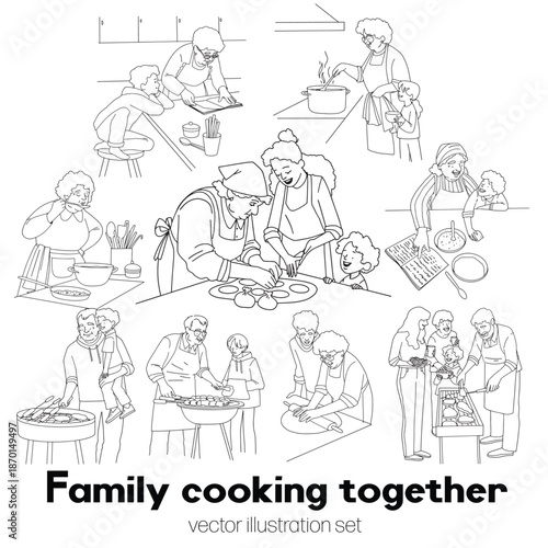Family cooking together line vector minimalistic art. Vector illustration