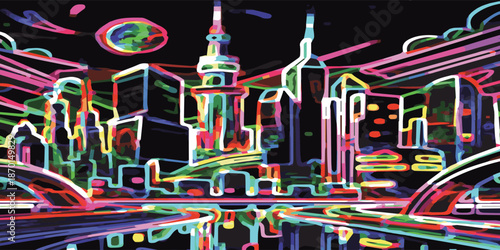 Vibrant Neon Cityscape with Reflective Water and Futuristic Glow.