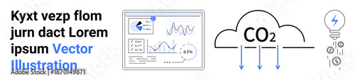Climate change, data analysis, energy efficiency, sustainability, carbon footprint, renewable energy. A dashboard with graphs and icons related to CO2 emissions and energy. Climate change and data