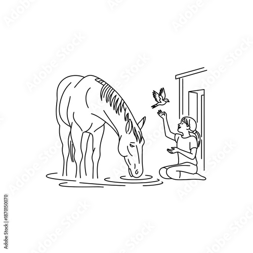 A girl offering a treat to a horse and a bird in a sketch