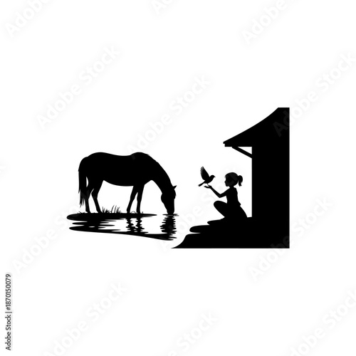 Silhouette of a horse grazing near a person and a bird at water