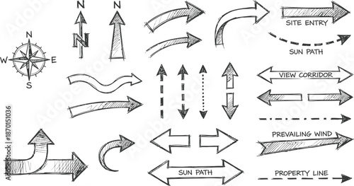 Arrows hand drawn for architectural site plans vector illustration