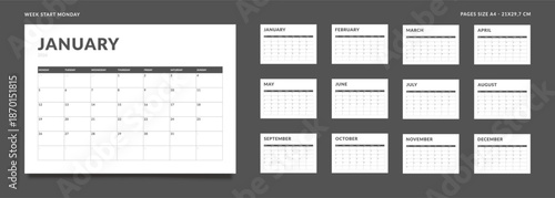 Set of 12 Pages Monthly Calendar Planner Templates on 2026 year. Vector mockup of a wall or desktop calendar organizer grid with the week starting on Monday ready print. Page for size A4 -21x29.7 cm