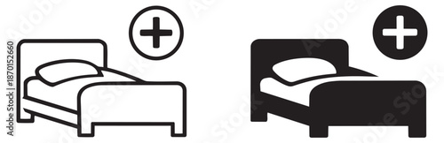 Line art and solid icon set featuring a bed and a medical cross for medical services