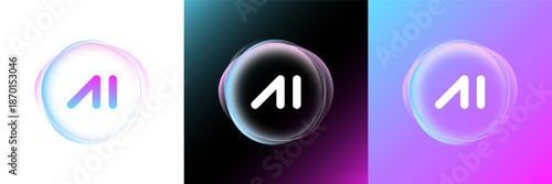 AI tech logo with abstract digital circle and glowing sphere. Gradient lines and neon energy. Automation business analytics cyber UI button and virtual technology system. Future modern design symbol