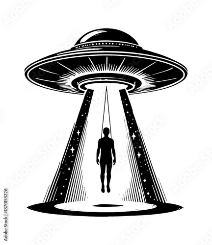 UFO Abducting Human Silhouette with Bright Light Beam Classic Science Fiction Engraved Illustration