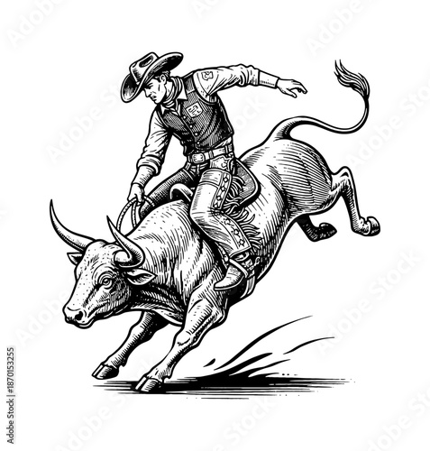 Determined Cowboy Riding a Wild Bucking Bull in an Energetic Rodeo Scene Engraved Style Line Art
