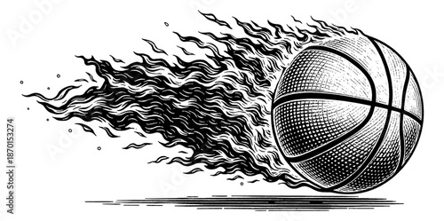 Dynamic Basketball Engraved with Trailing Flames Illustrates Speed and Energy in Black White Line Art