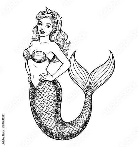 Smiling Confident Pinup Mermaid Posing With Hands On Hips Wearing Bikini Top Bandana Illustration