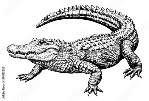 Detailed Alligator Full Body Side View Realistic Powerful Black and White Engraving Style Line Art Drawing