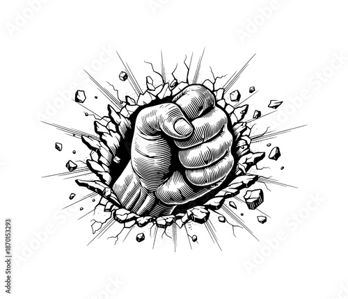 Strong Clenched Fist Breaking Through a Wall Showing Power and Impact in Detailed Line Art Drawing