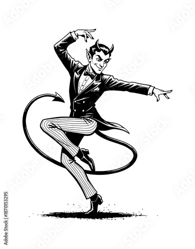 Dapper devil in a suit and bow tie dancing with a mischievous smirk and elegant pose vintage illustration
