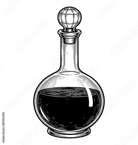 Classic Engraving Style Illustration of a Glass Decanter Bottle with a Stopper and Dark Liquid
