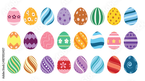 Easter Egg printed and pattern clipart set. Easter Egg in colorful printed and pattern clip art collection for holiday decoration egg hunting celebration flat oval icon element vector illustration.
