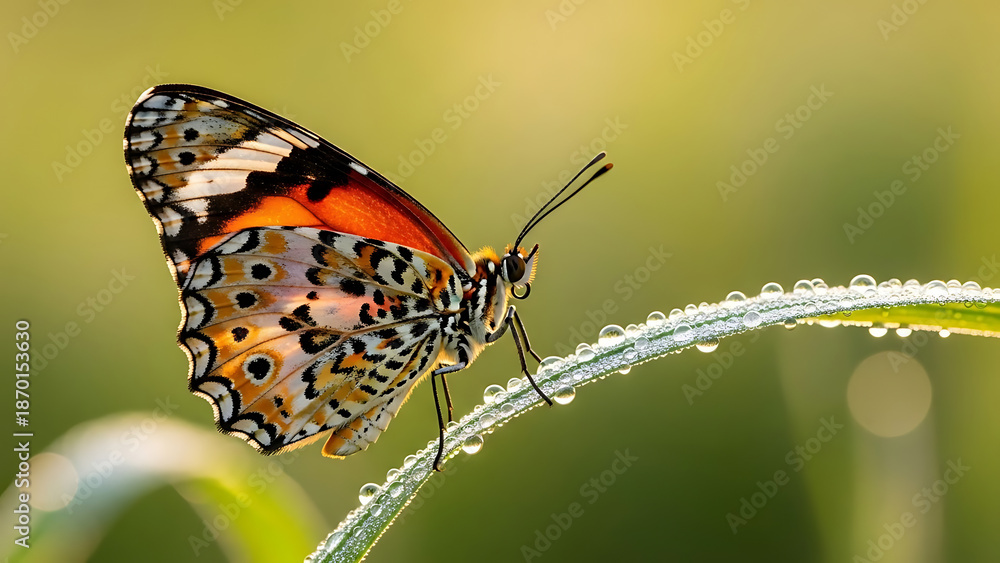 Obraz premium Vibrant Butterfly on Dewy Grass, Nature Close-Up, Serene Morning Light