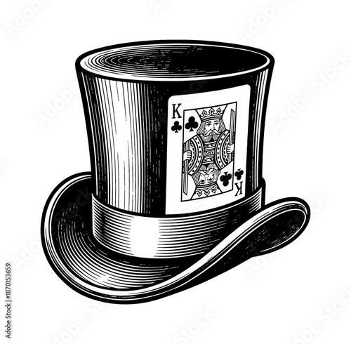 Black and white top hat with a King of Clubs playing card tucked into the ribbon detailed engraving style