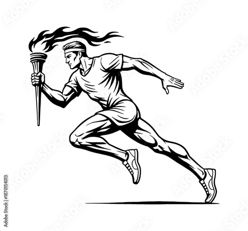 A determined athletic male runner carrying a burning torch in a strong running pose and vigorous movement