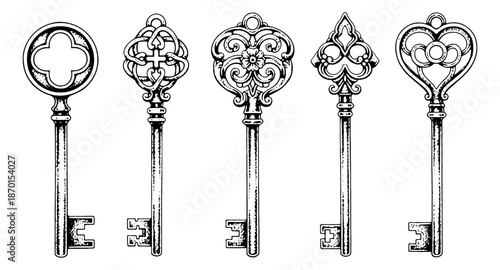 Five detailed vintage ornate skeleton keys with intricate patterns in black and white line art illustration style