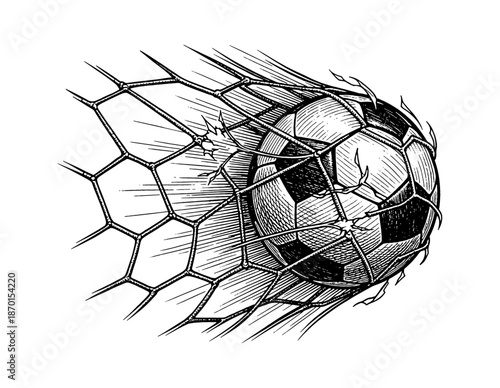Dynamic soccer ball goal scoring in a net with powerful impact in detailed vintage line art engraving