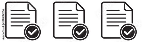 Line art document icon set featuring approved files with check marks for web and mobile interface design