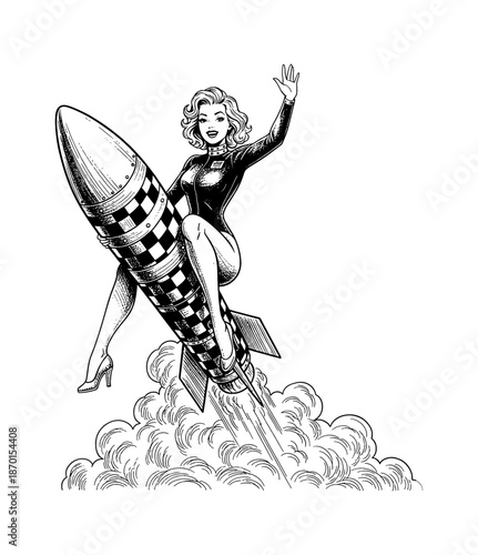 Smiling pinup woman riding a checkered rocket taking off and waving one hand in confident pose