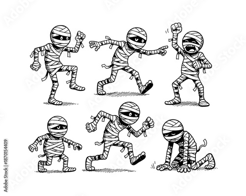 Collection of six playful cartoon mummy characters in various actions and poses detailed black and white illustration