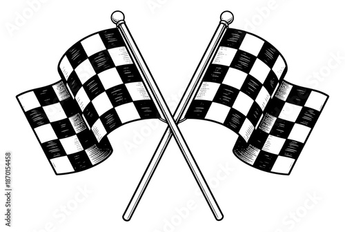 Two Crossed Checkered Flags Vintage Engraving Illustration Black White Line Art Racing Sport Finish
