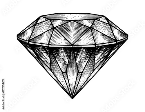 Detailed Diamond Gemstone Illustration in Black and White Engraving Style Line Art Drawing Minimalist Graphic