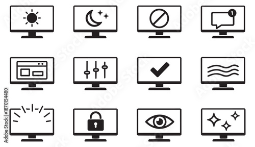 Line art monitor icons set featuring display settings and user interface functions for web and app design