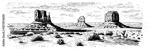 Majestic desert landscape with unique rock formations in a vintage black and white engraved drawing style