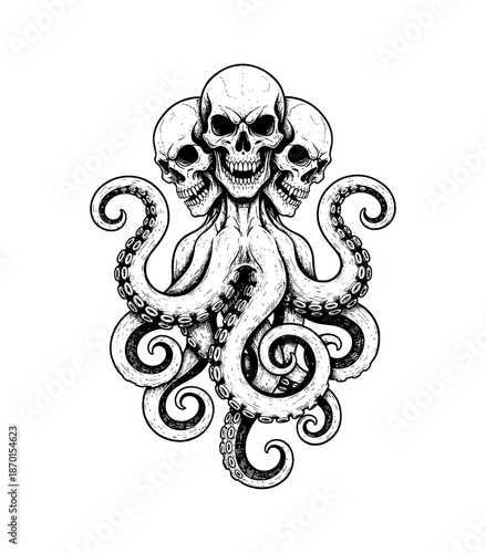 Three Aggressive Skulls with Showing Teeth on an Octopus Body with Many Tentacles Detailed Line Art Drawing