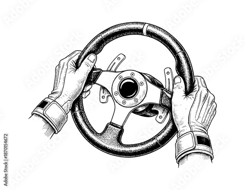 Hands in racing gloves gripping a car steering wheel in a detailed black and white vintage illustration style