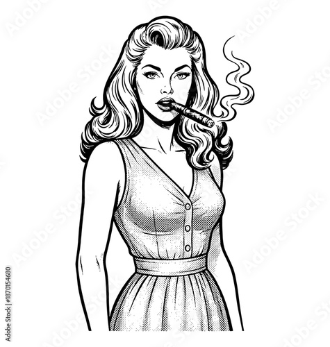 Confident Caucasian pinup woman smoking cigar with wavy hair and serious expression wearing a vintage style dress