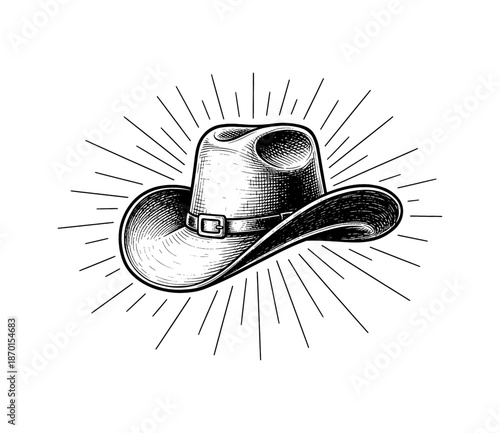 Vintage detailed cowboy hat illustration with sunburst rays black and white line art drawing