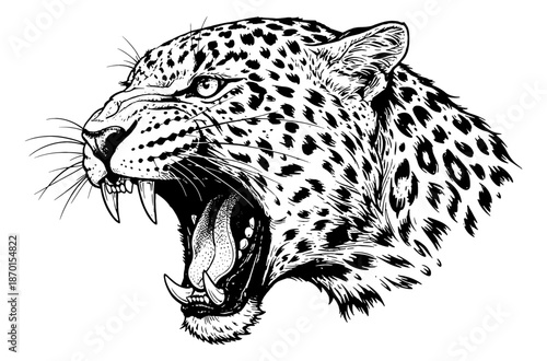 Fierce Leopard Head Roaring Aggressively Showing Sharp Teeth and Tongue in Detailed Black and White Line Art