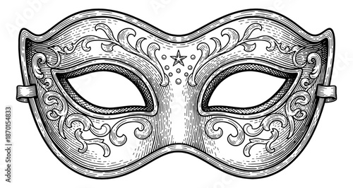 Intricate Black and White Venetian Masquerade Mask Featuring Elegant Ornate Scrollwork Star and Dot Details Engraving