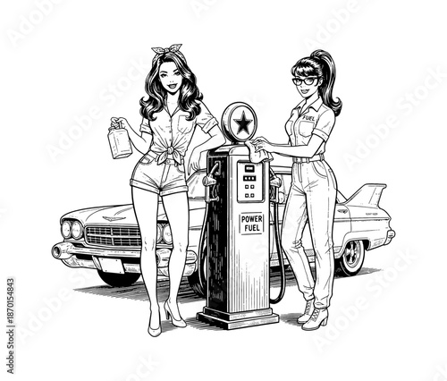 Two smiling Caucasian pinup women at a vintage gas station with a classic car and fuel pump detailed line art