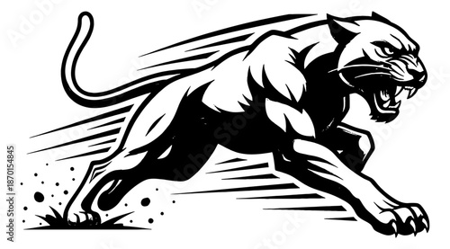 Black Panther Running Pouncing Aggressively with Fierce Expression in Stylized Vector Illustration