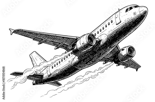 Detailed Vintage Passenger Airplane Ascending Flight with Engine Smoke Trails in Black and White Engraving Line Art