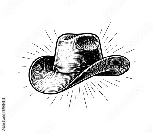 Classic Engraved Cowboy Hat Illustration in Black and White with Radiating Burst Lines