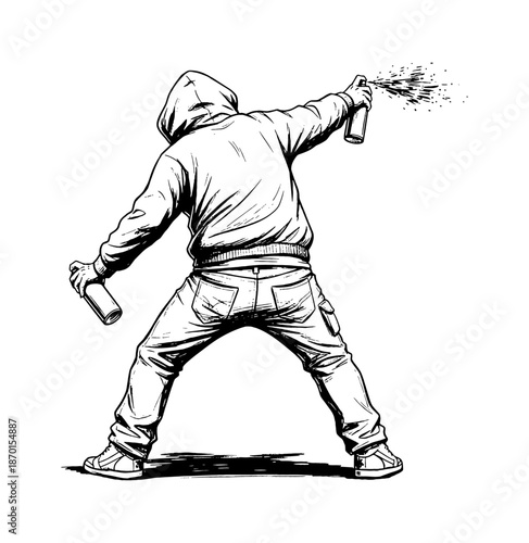 Person in hoodie spraying graffiti with two cans dynamic pose street art illustration creative expression