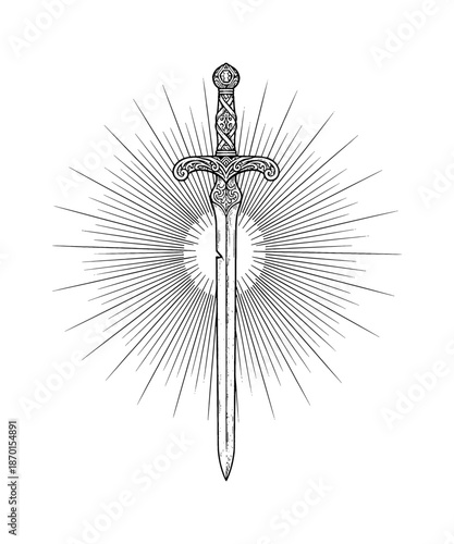 Ornate fantasy sword with detailed hilt and radiant sunburst lines in a classic monochrome illustration