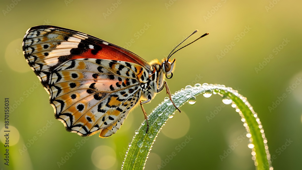 Obraz premium Butterfly Landing on Dewy Grass Blade, Nature Photography, Morning Light, Close-Up View, Serene Environment