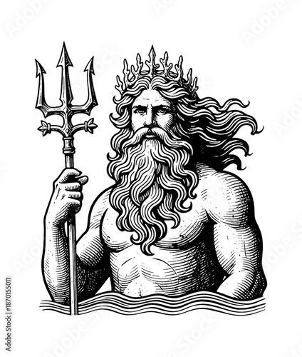Majestic Greek God Poseidon holding a powerful trident with flowing hair and beard emerging from ocean water