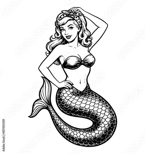 Pinup Style Mermaid Woman Posing with a Confident Smile and Wavy Hair Wearing a Bikini Top and Bandana