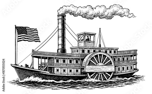 Classic Paddle Steamer Boat with American Flag and Pilot Sailing on Water Vintage Engraving Style Illustration
