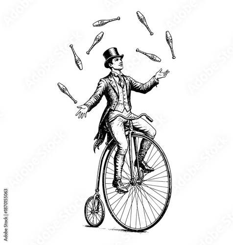 European man riding a vintage high wheel bicycle and juggling several clubs with a focused expression