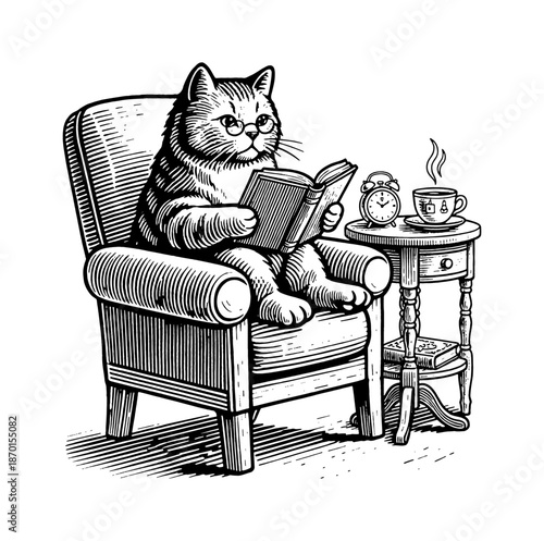A smart cat wearing glasses reading a book in an armchair with focused expression next to a steaming cup and alarm clock