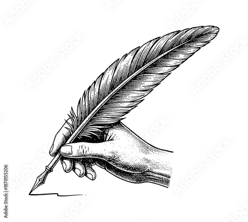 Hand holding a traditional feather quill pen writing elegantly in a detailed vintage engrave style